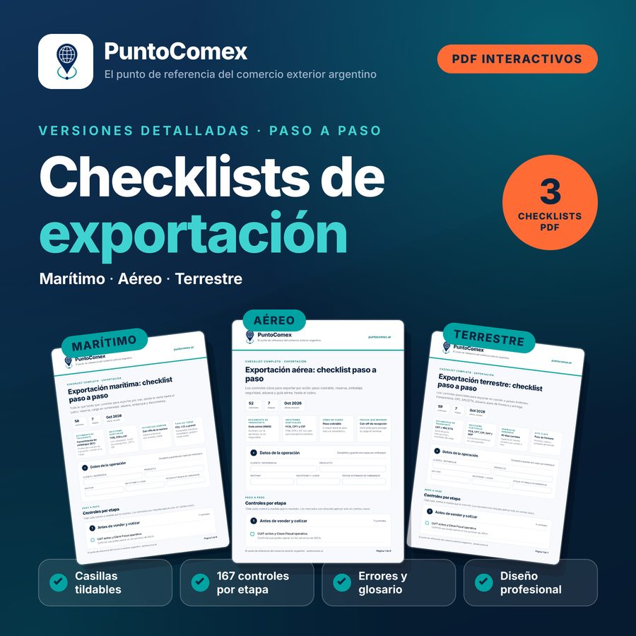 Checklists de exportación de PuntoComex: tres checklists en PDF interactivo para operaciones marítimas, aéreas y terrestres