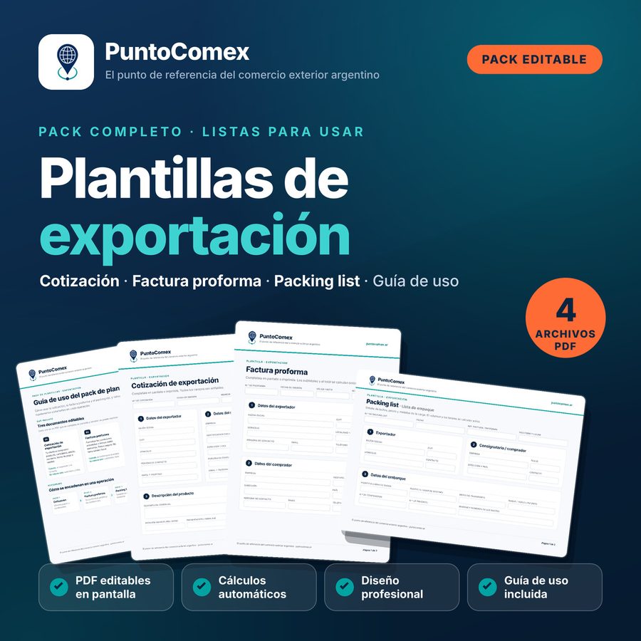 Pack de plantillas de exportación de PuntoComex: cotización, factura proforma, packing list y guía de uso en PDF editable